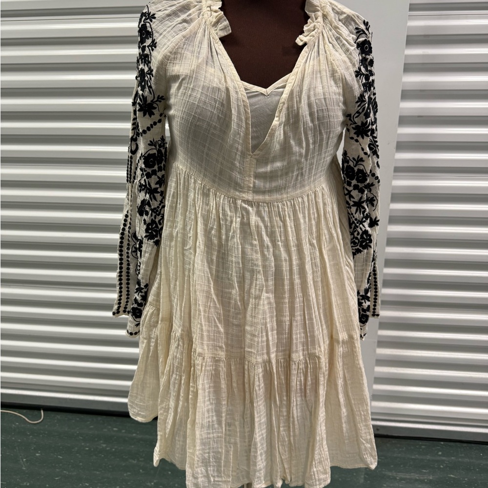 Free People Cream Boho Maxi Dress with Blue Floral Sleeves